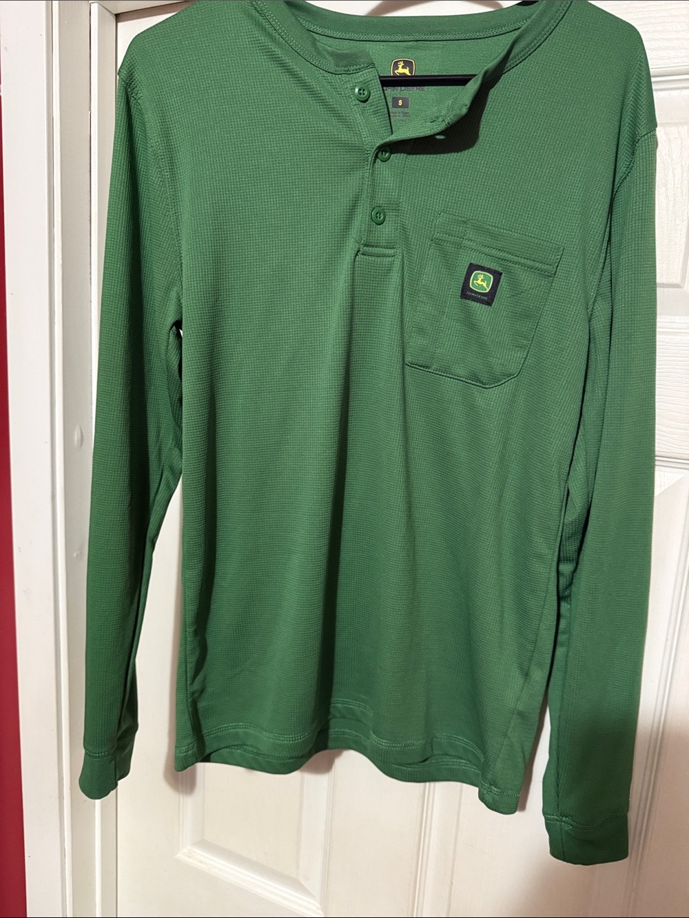 John Deere Green Long-Sleeve Henley with Chest Pocket